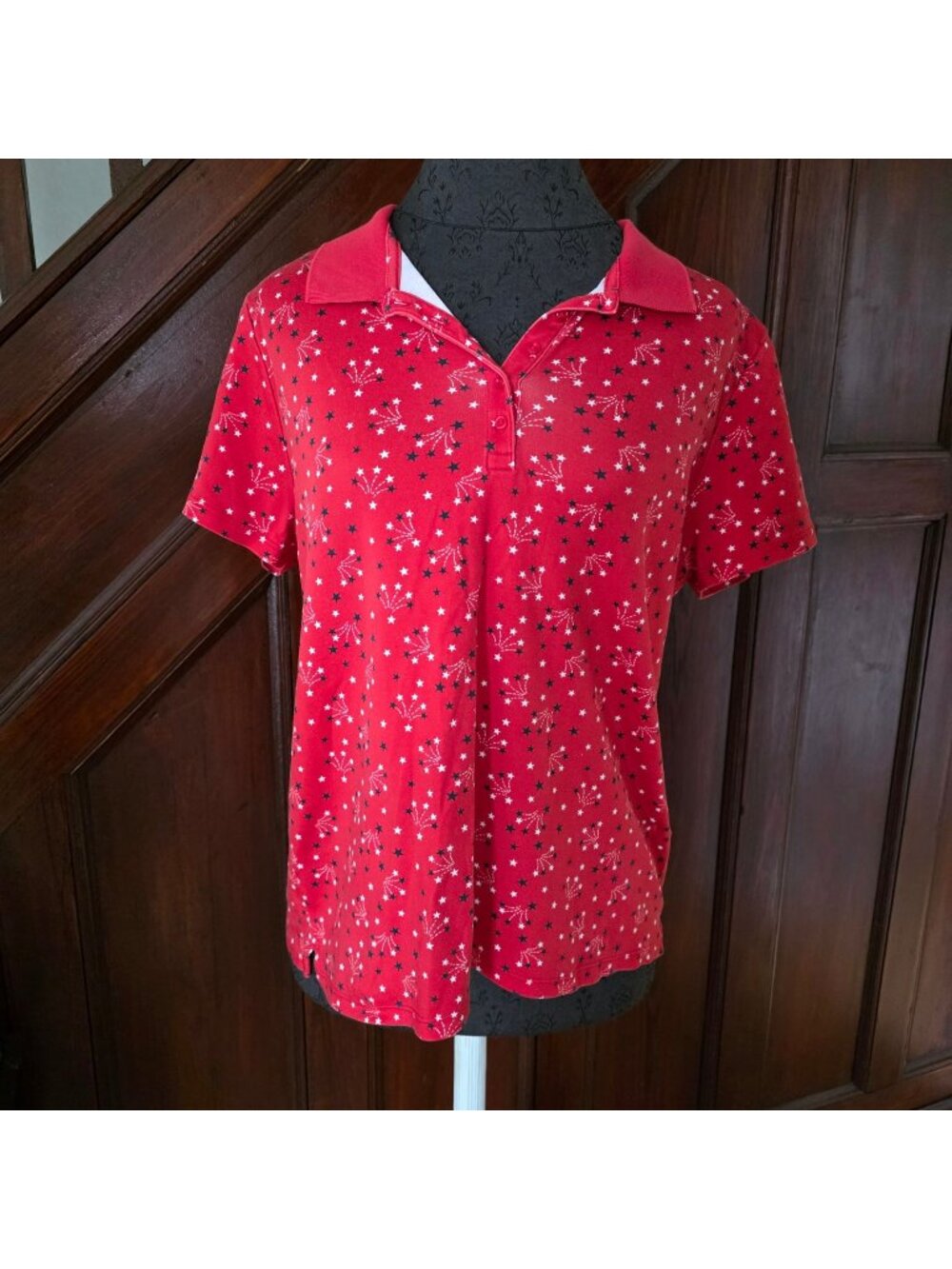 Lands End Red Polo Shirt Red Whute Blue Star Print Womens Size L Short Sleeve
